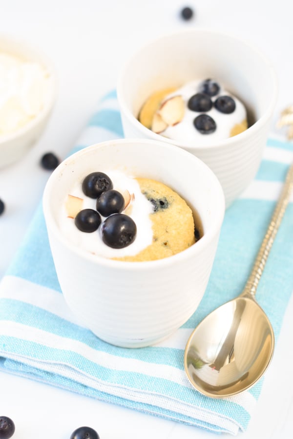 Keto blueberry muffin in a mug
